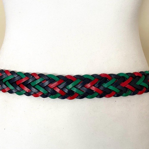 Vintage Italian braided leather belt navy green red woven adjustable main image 7